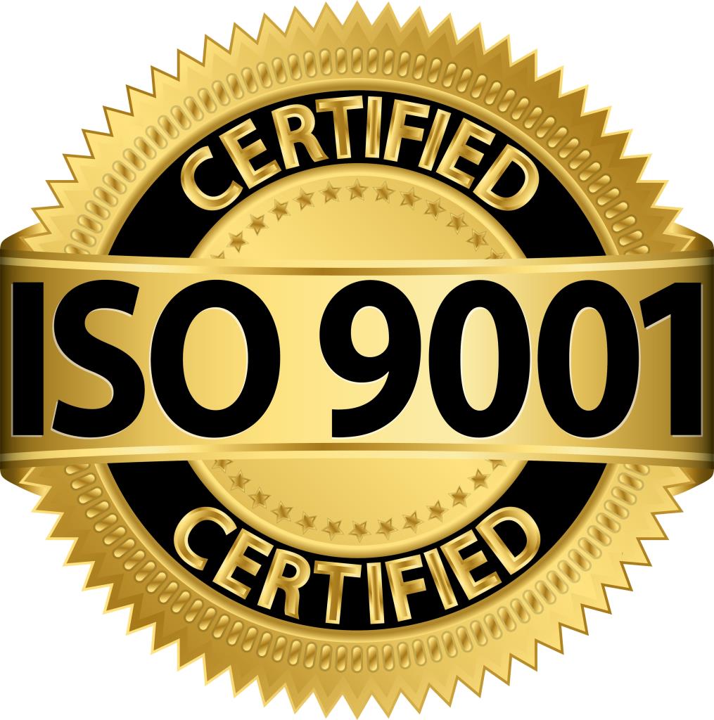 ISO 9001 certification seal. A gold emblem showing the quality of management system certification.