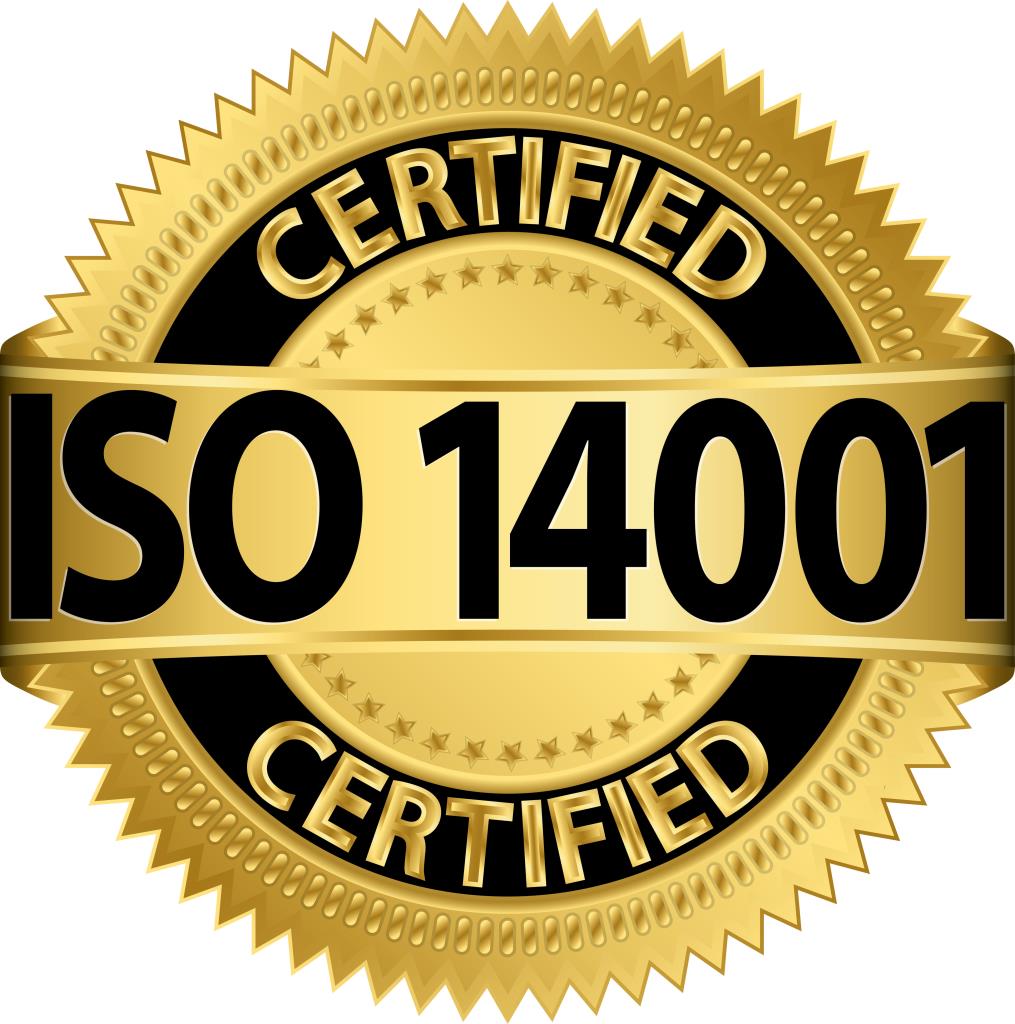 ISO 14001 certification seal. A gold emblem showing environmental management system compliance and commitment to sustainability.