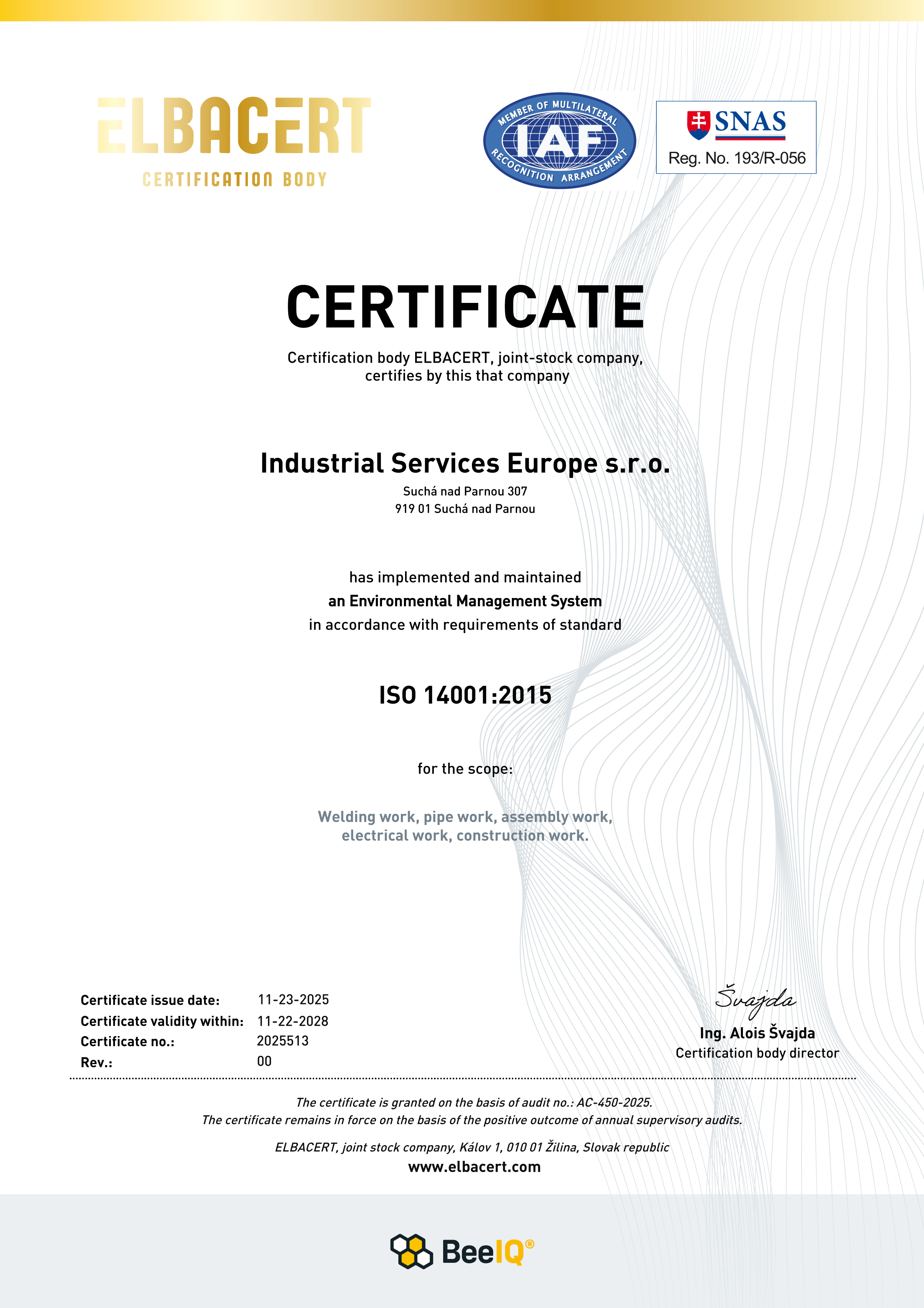 Certificate for ISO 14001 certification in english. Official document representing environmental management system compliance and commitment to sustainability.