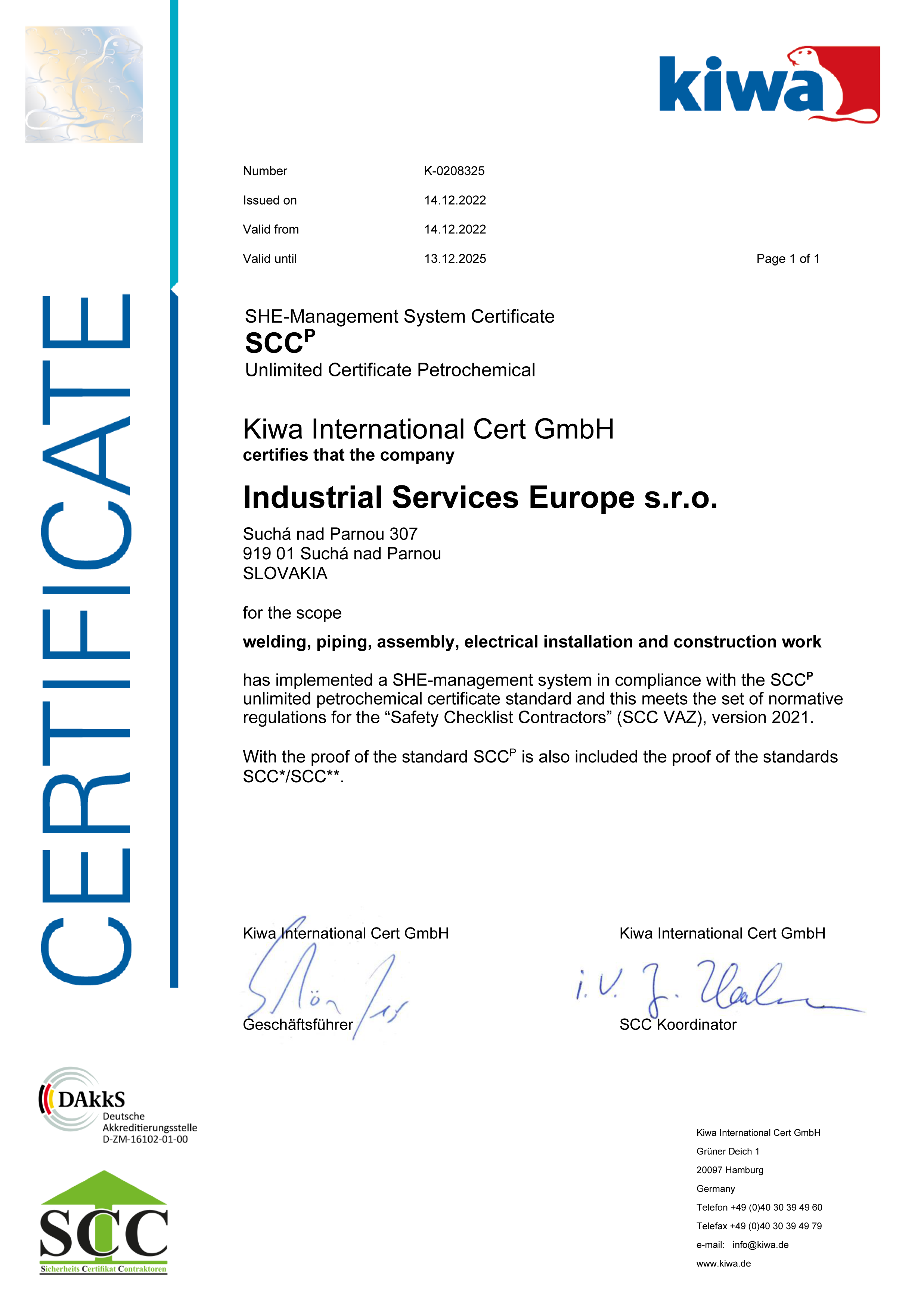Certificate for SCCP (Société de Construction de Canalisation et de Ponts) certification. Official document featuring the SCCP certification information, indicating high standards in construction and infrastructure.