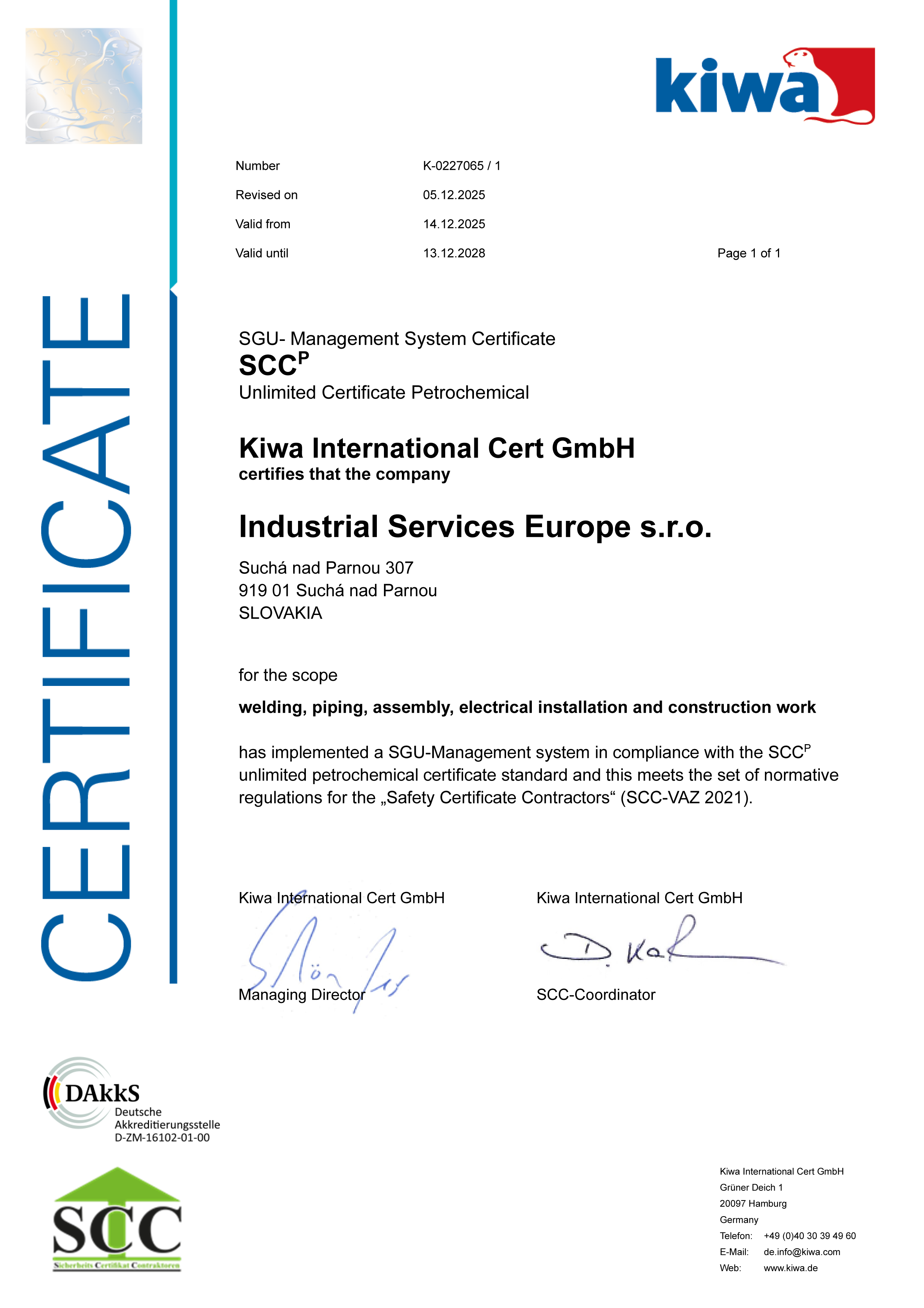 Certificate for SCCP (Société de Construction de Canalisation et de Ponts) certification. Official document featuring the SCCP certification information, indicating high standards in construction and infrastructure.